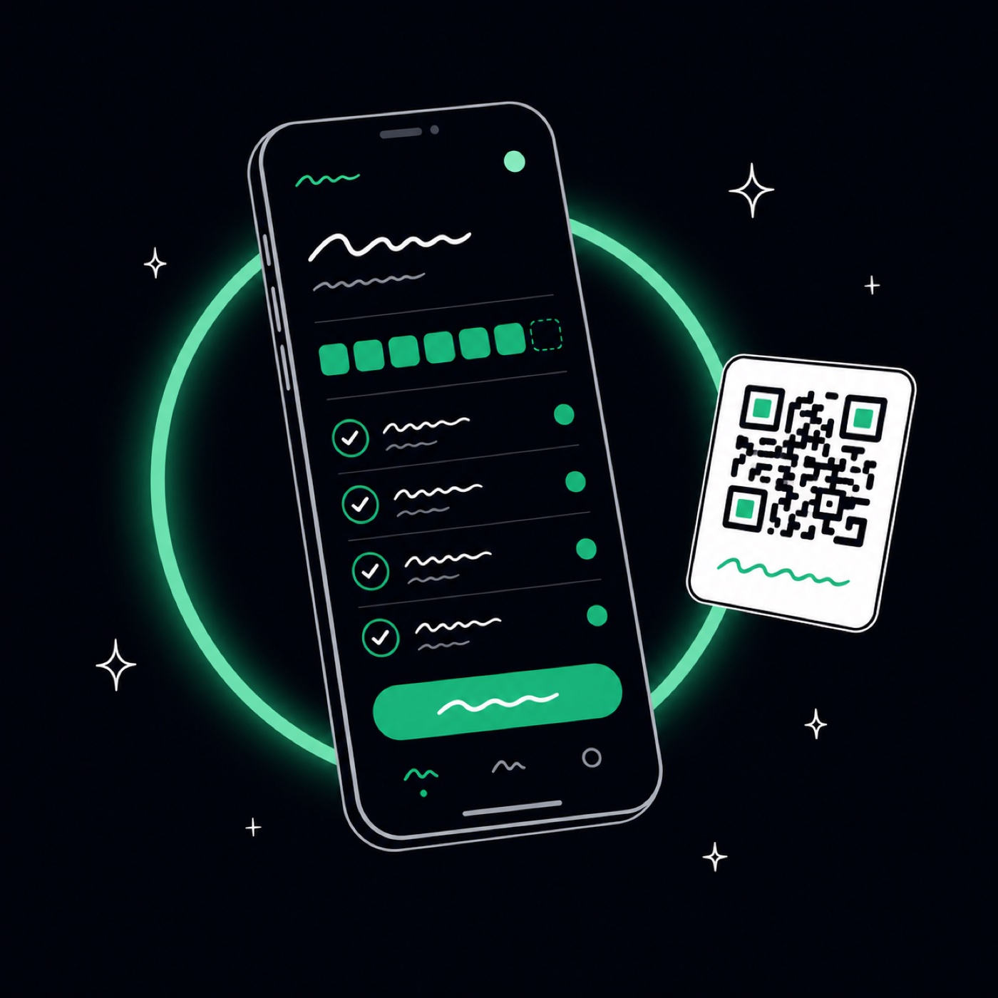 A phone running a habit-tracker app inside a glowing ring, next to an Expo Go QR code